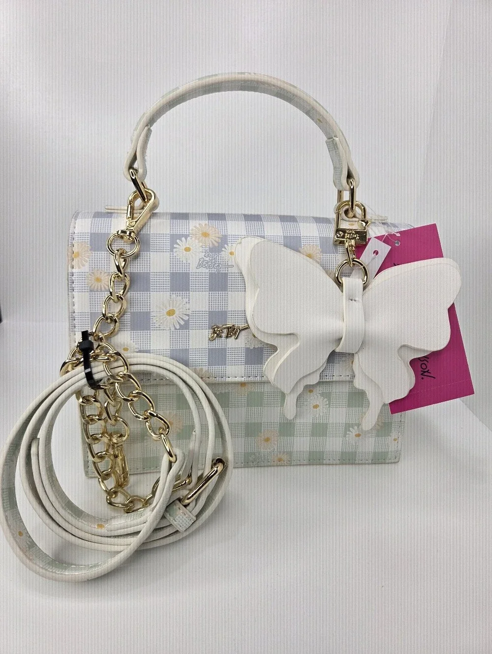 🤍▪️Betsey Johnson ▪️White Butterfly Daisy Gingham Top-Handle Satchel